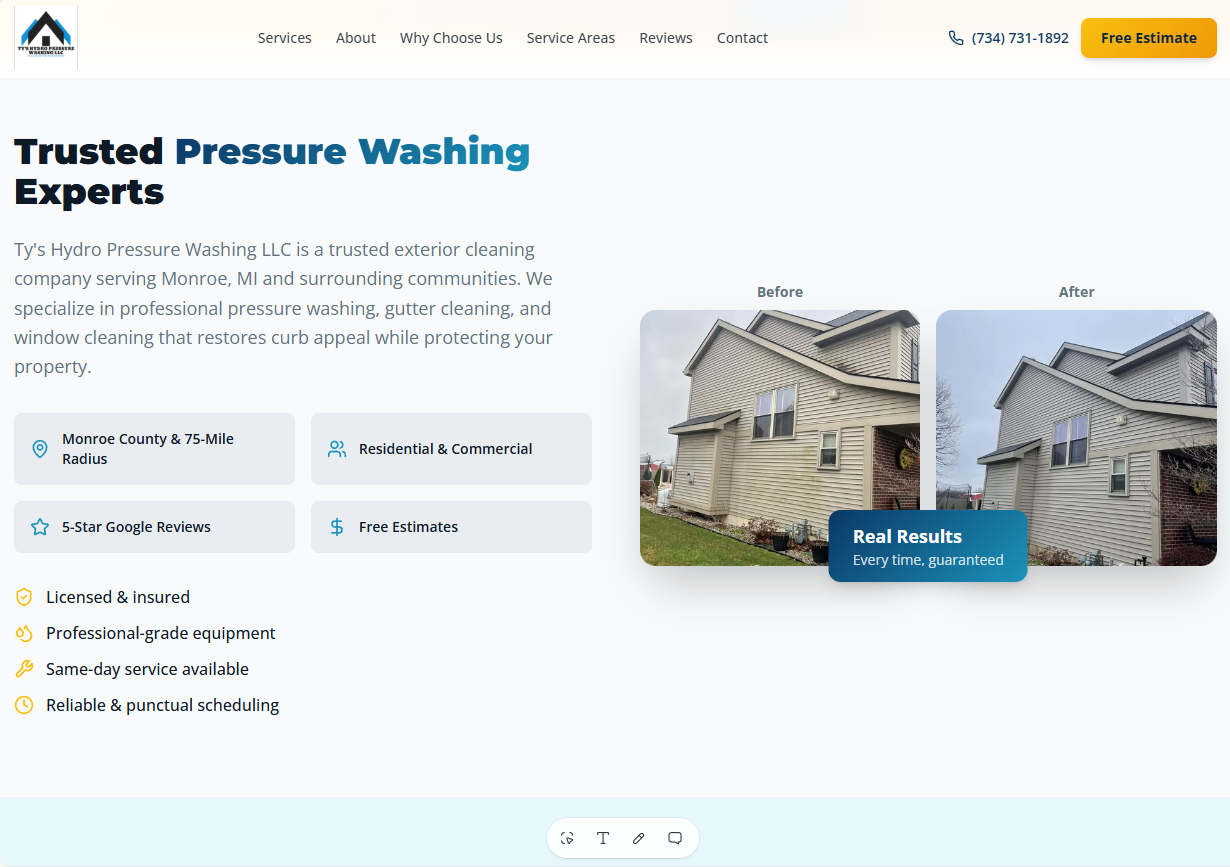 Ty's Hydro Pressure Washing website preview