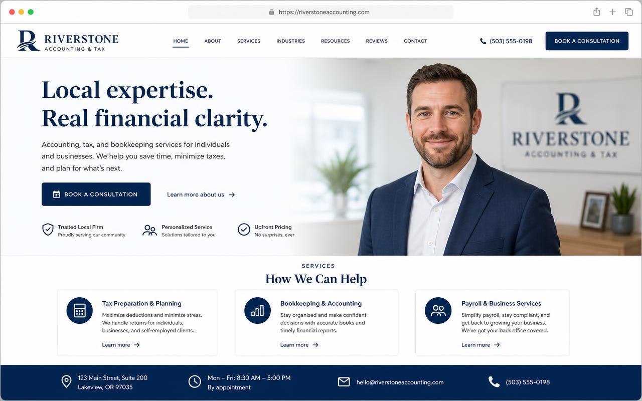 Website design preview for a local accounting and tax firm with a consultation booking button