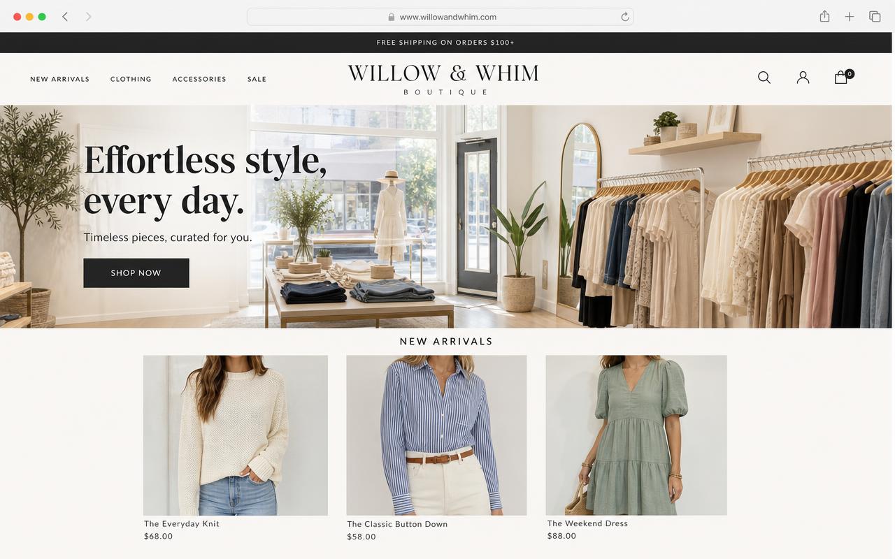 Website design preview for a local clothing boutique with featured products and prices