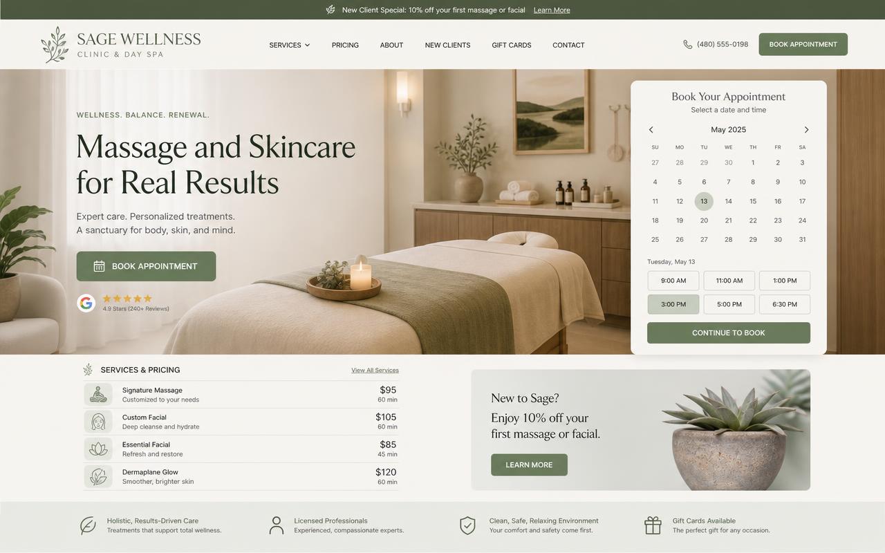 Website design preview for a wellness clinic and day spa with an online appointment booking calendar